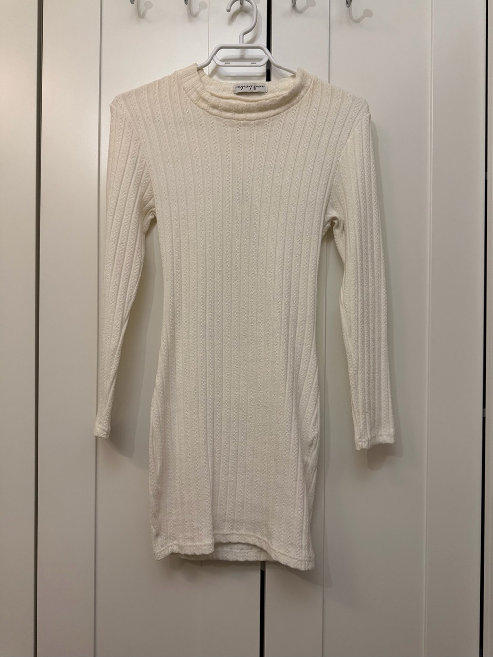 Cream Ribbed Knit Long Sleeve Dress - Unbranded